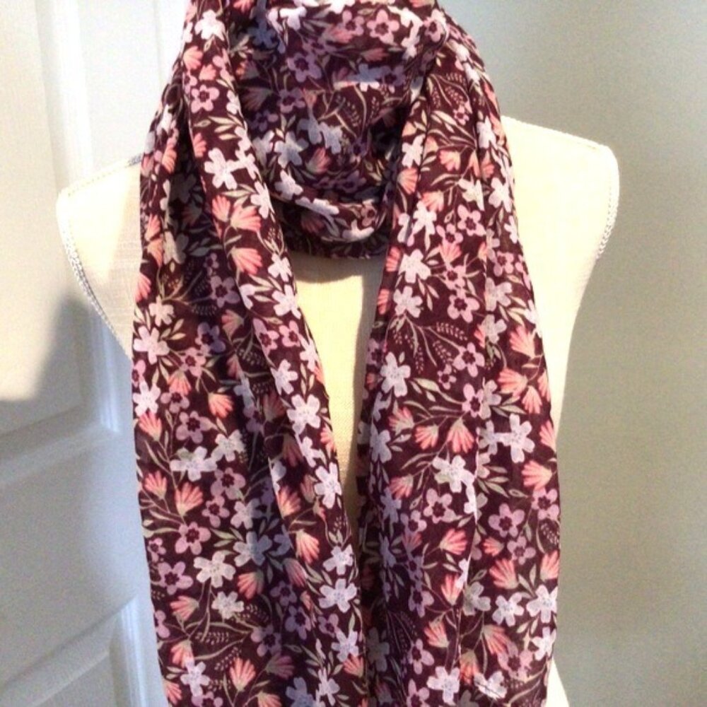 Scarf Wrap Burgundy Floral Neck Warmer Light weight Polyester Tassels Large